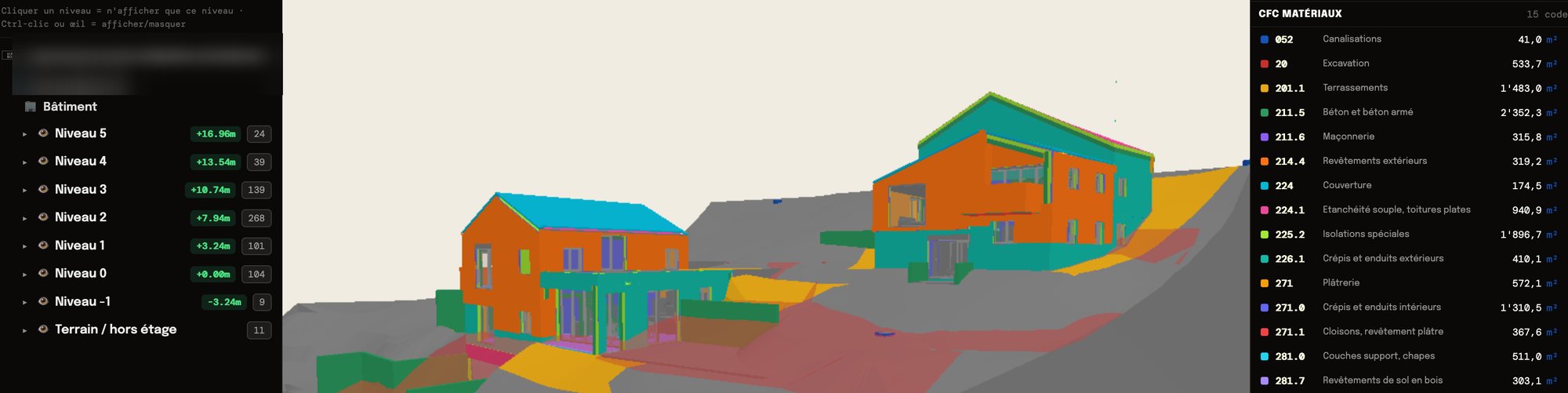 CDE — viewer IFC : niveaux du bâtiment et quantités par code CFC matériaux, habitation individuelle en cours