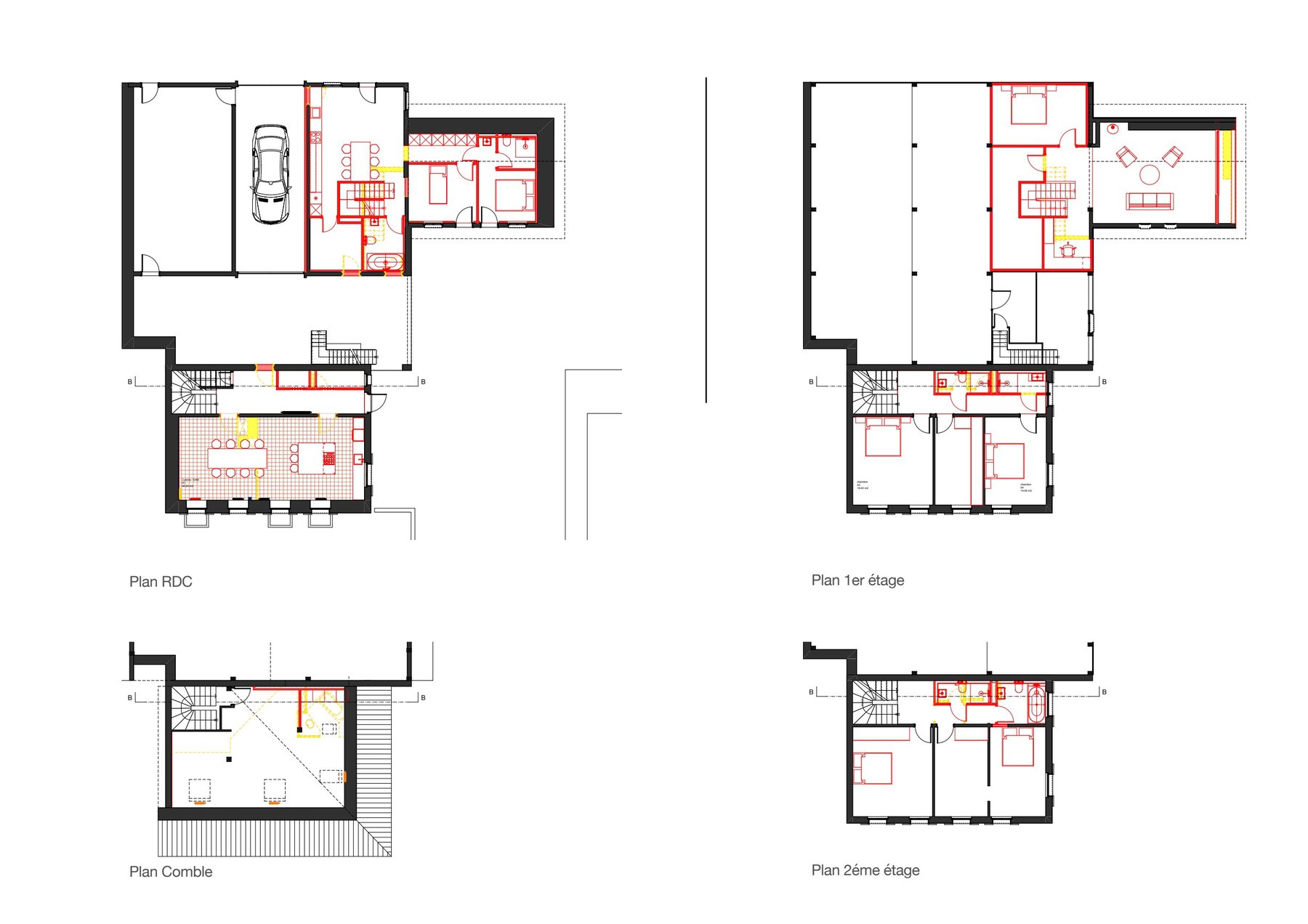 Plans RDC, 1er étage, combles et 2e étage