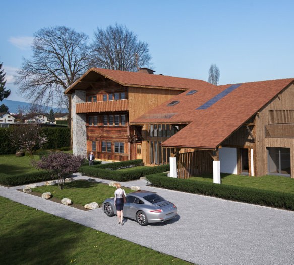Rendu 3D — ferme transformée, vue d’ensemble